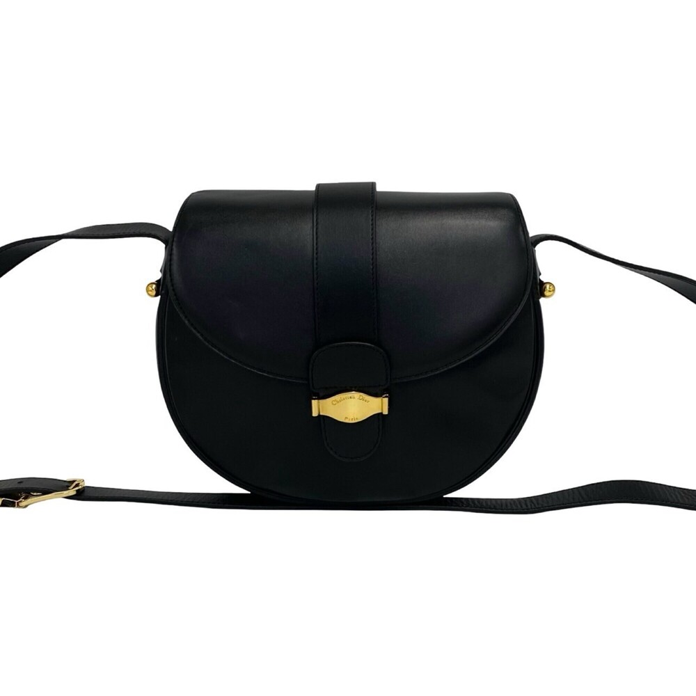 Christian Dior Vintage Logo Hardware Leather Shoulder Bag Pouch Black 23792